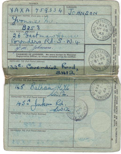 Yvonne Margaret Hogflesh's WWII ID Card (back)