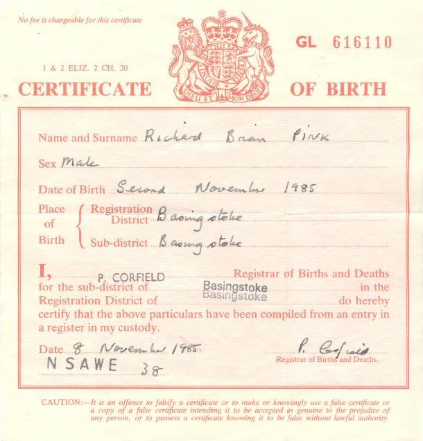 Richard Brian Pink's birth certificate