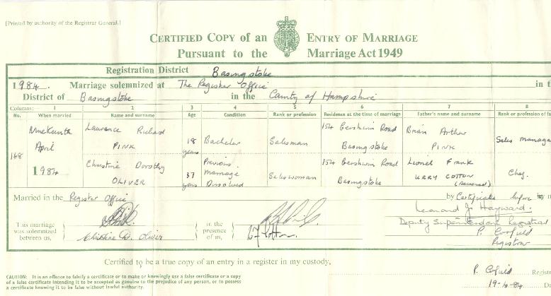 Laurance Richard Pink's marriage certificate